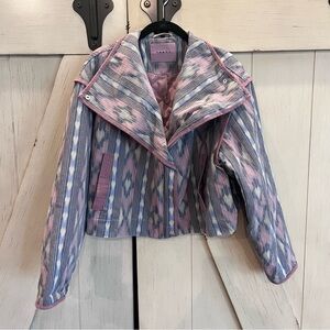 Blank NYC Open Sky Blue & Pink Aztec Print Cropped Bomber Jacket Size Large